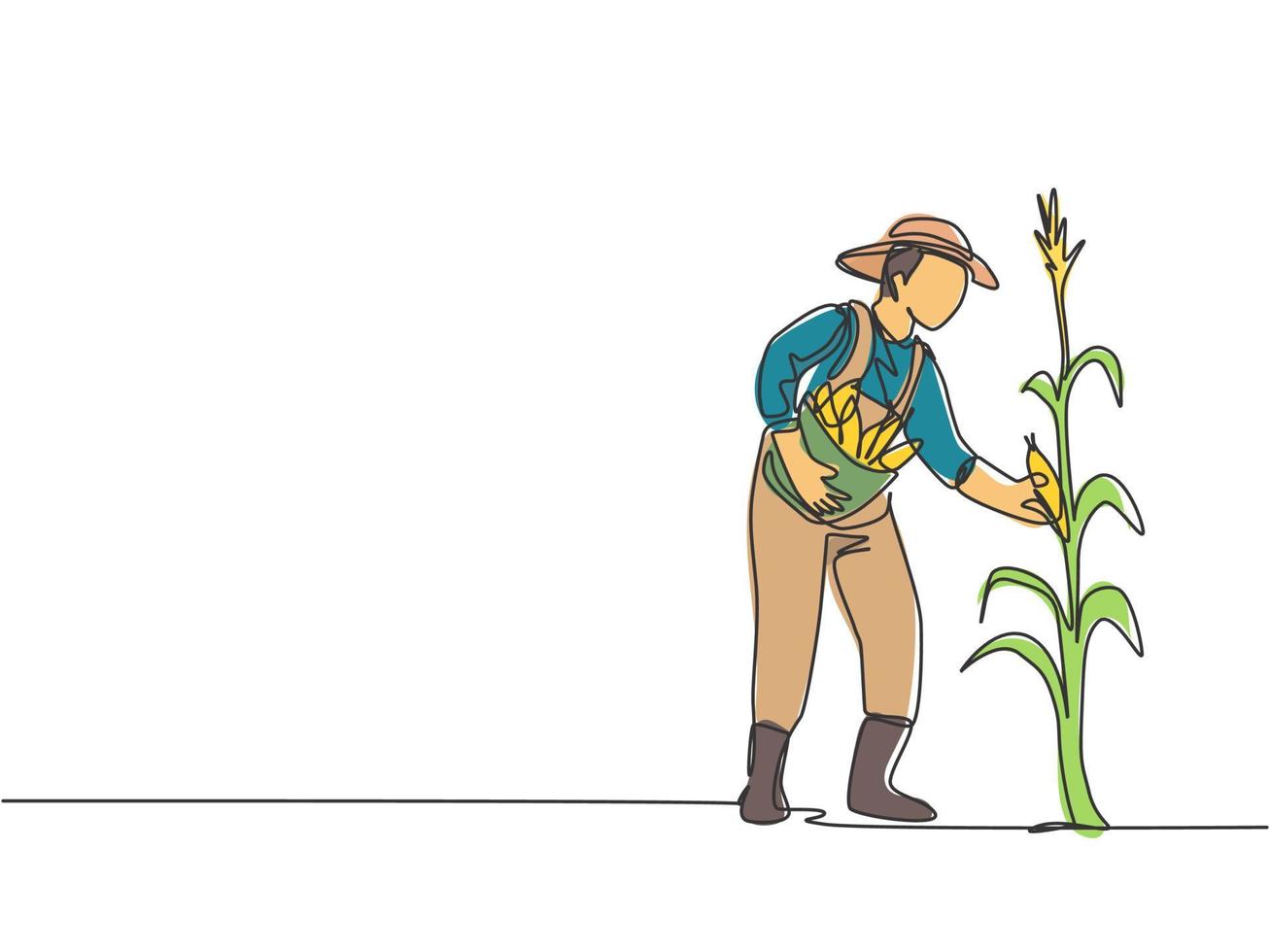 singolo disegno a tratteggio di un giovane agricoltore maschio che raccoglie il mais sull'albero. agricoltore professionista. concetto minimalista di sfida agricola. moderna linea continua disegnare grafica vettoriale illustrazione.