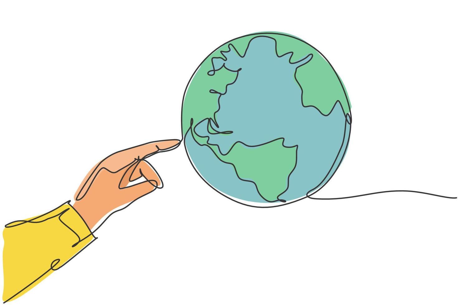 dito toccare globo terra. icona grafica della mappa globale del mondo a linea continua singola. semplice doodle di una linea per il concetto di tecnologia. illustrazione vettoriale isolato design minimalista su sfondo bianco