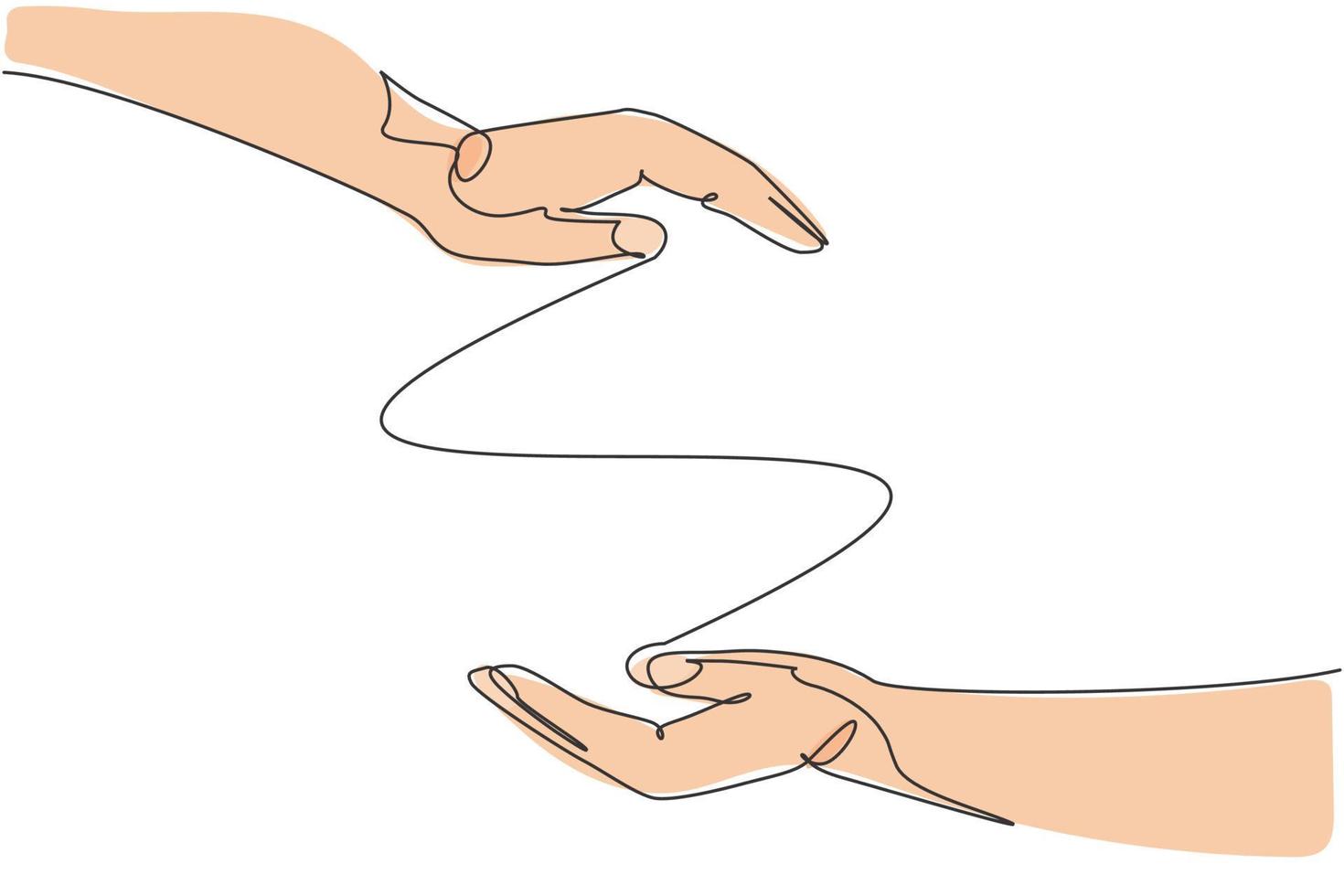 gesto di protezione di due mani. singola linea continua tenere in mano l'icona grafica degli elementi. semplice doodle di una linea per il concetto di educazione. illustrazione vettoriale isolato design minimalista su sfondo bianco
