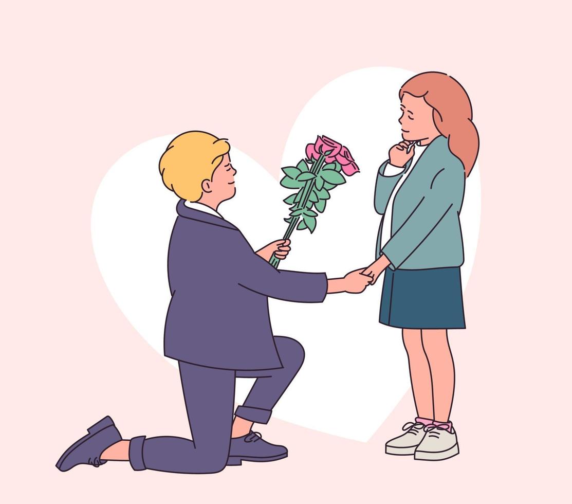 storia d'amore o concetto di San Valentino. ragazzo che presenta bouquet di rose alla sua piccola fidanzata, mentre in piedi sul ginocchio. illustrazione di stile di linea moderna vettore