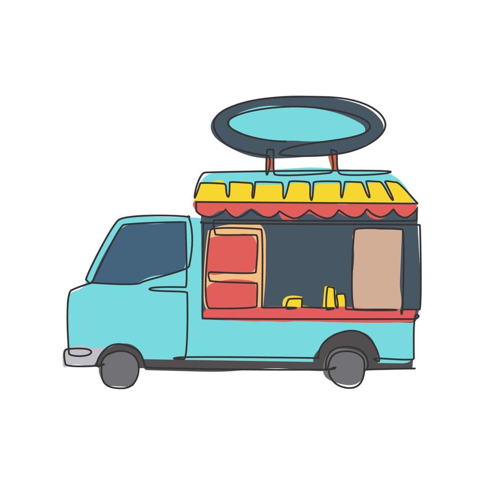 un disegno a linea singola dell'illustrazione grafica vettoriale del logo del camion di cibo alla moda. menu mobile fast food cafe e concetto distintivo ristorante. logotipo di cibo di strada di design moderno a linea continua