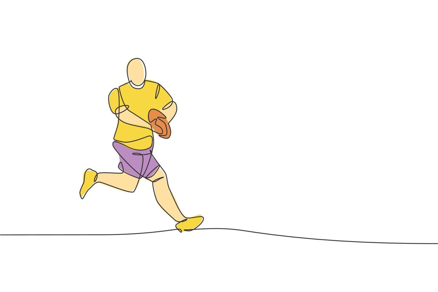 un disegno a linea continua di un giovane giocatore di rugby maschio forte che prende la palla. concetto di sport aggressivo competitivo. illustrazione vettoriale dinamica di disegno a linea singola per poster di promozione del torneo