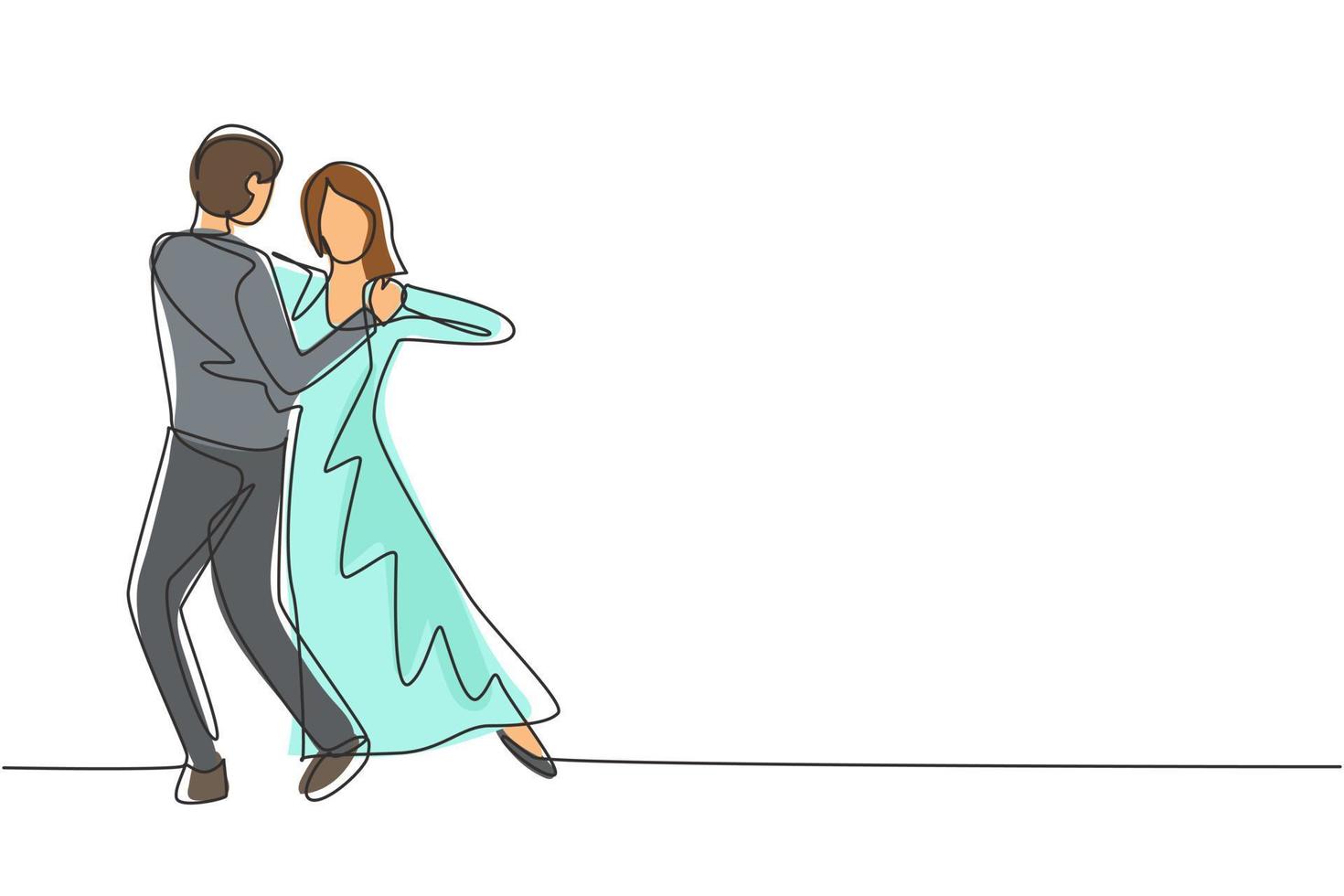 singolo un disegno a tratteggio uomo donna ballerino professionista coppia che balla tango, balli di valzer sulla pista da ballo di gara di ballo. stile di vita felice. illustrazione vettoriale grafica di disegno di disegno di linea continua moderna