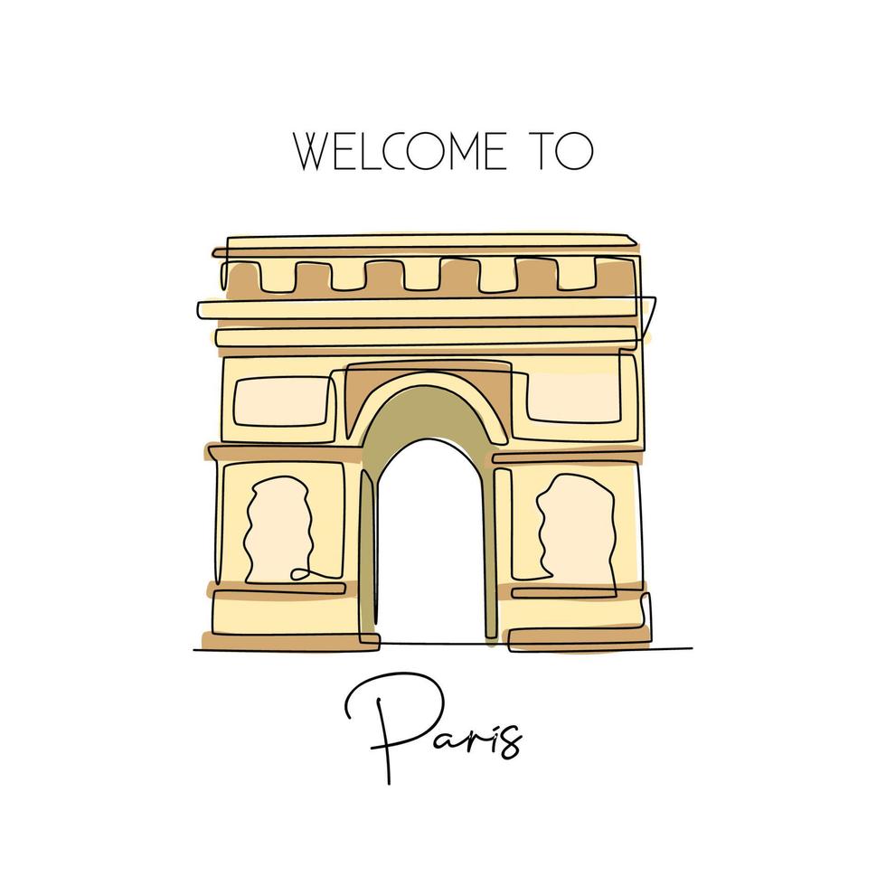 un disegno a linea continua dell'arco di trionfo. luogo storico iconico a parigi, francia. concetto di arte della stampa del manifesto della decorazione della casa della parete delle vacanze di vacanza. illustrazione vettoriale moderna con disegno a linea singola