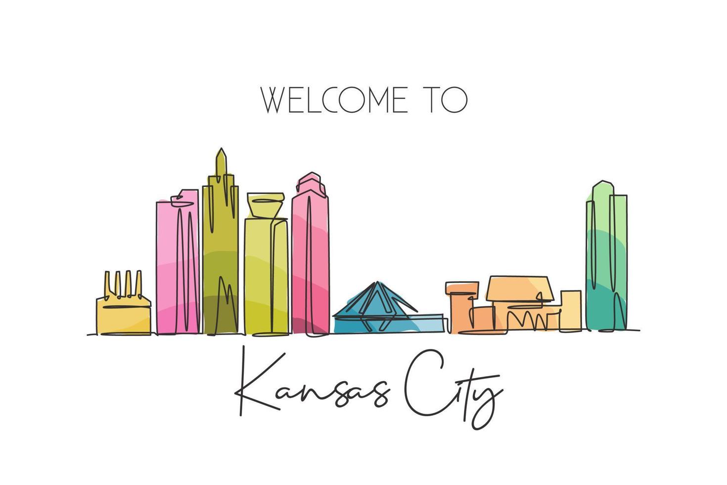 un disegno a linea singola dello skyline di Kansas City, stati uniti. paesaggio storico della città. poster per la decorazione della parete della migliore destinazione per le vacanze art. illustrazione vettoriale di disegno di linea continua alla moda