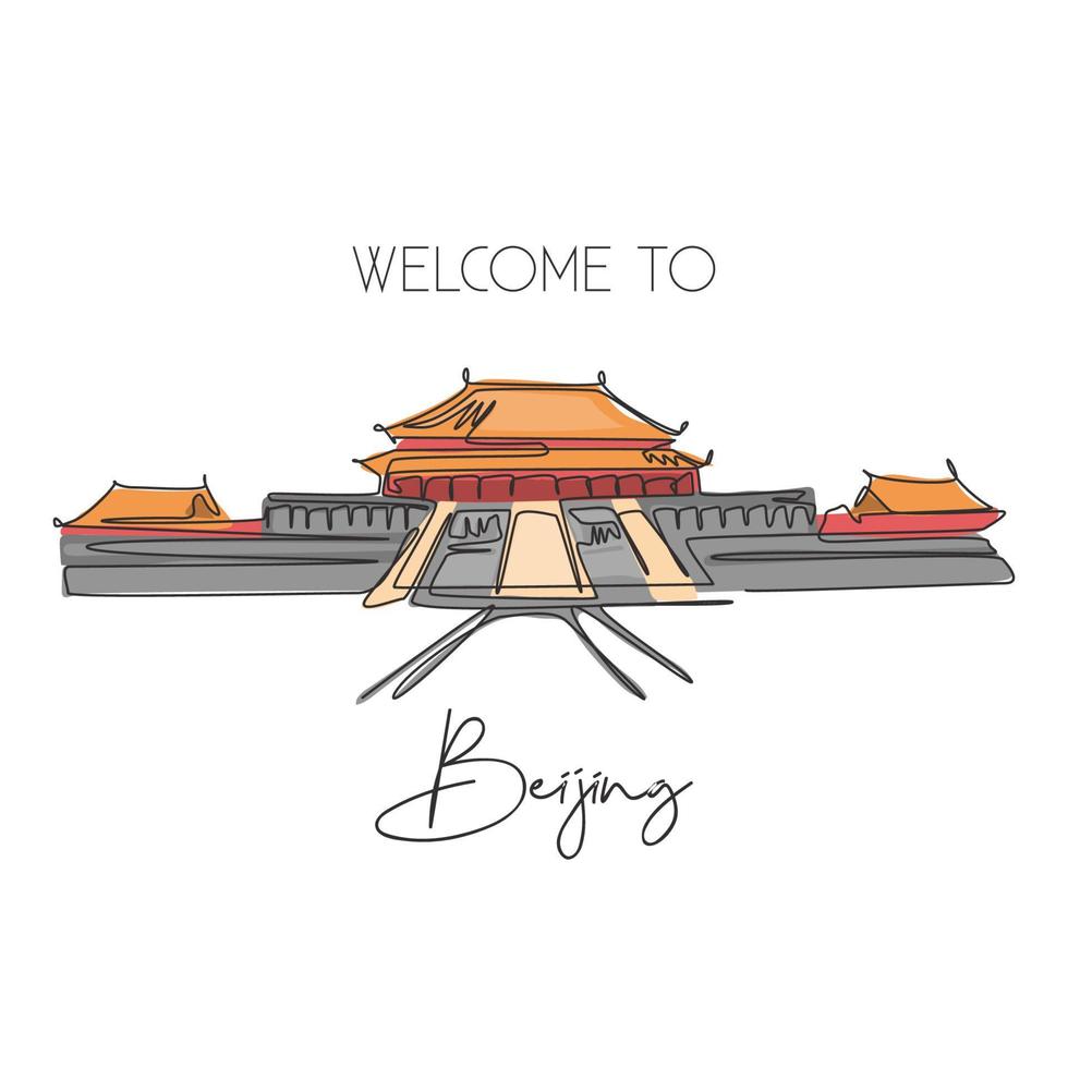 un unico punto di riferimento della città proibita disegnando una linea. luogo iconico del mondo a Pechino, Cina. concetto del manifesto della decorazione della parete di arte della casa della cartolina di viaggio di turismo. illustrazione vettoriale moderna di disegno a linea continua