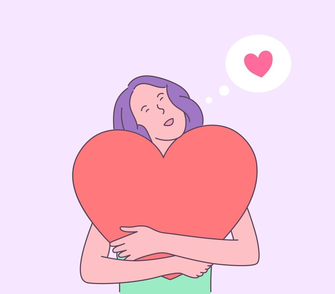storia d'amore o concetto di San Valentino. sognante giovane donna felice personaggio dei cartoni animati che tiene scatola a forma di cuore rosso. illustrazione vettoriale piatta