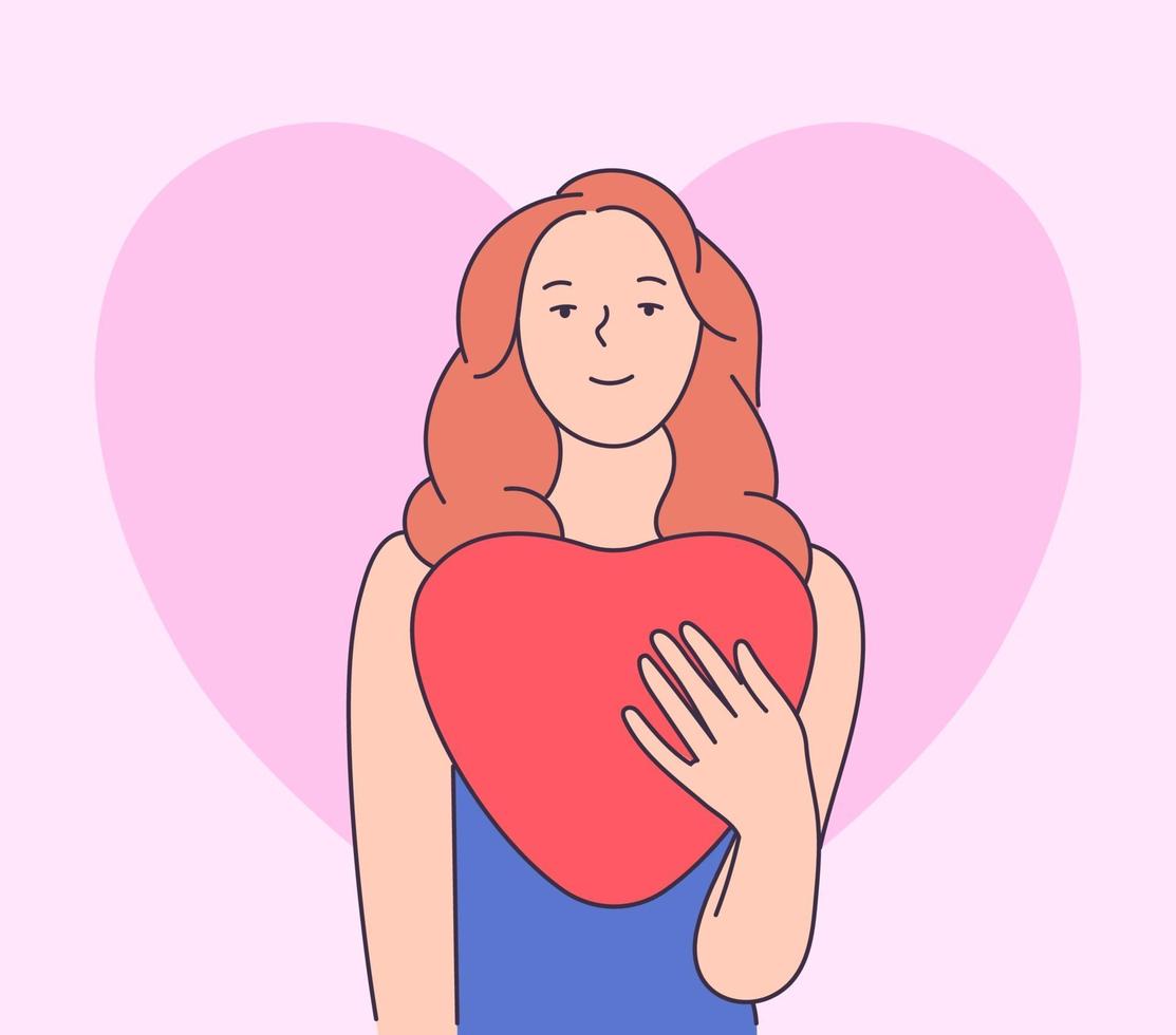 amore, concetto di San Valentino. ragazza donna felice ed elegante che guarda lontano mentre si tiene un palloncino a forma di cuore. illustrazione di stile di linea moderna vettore