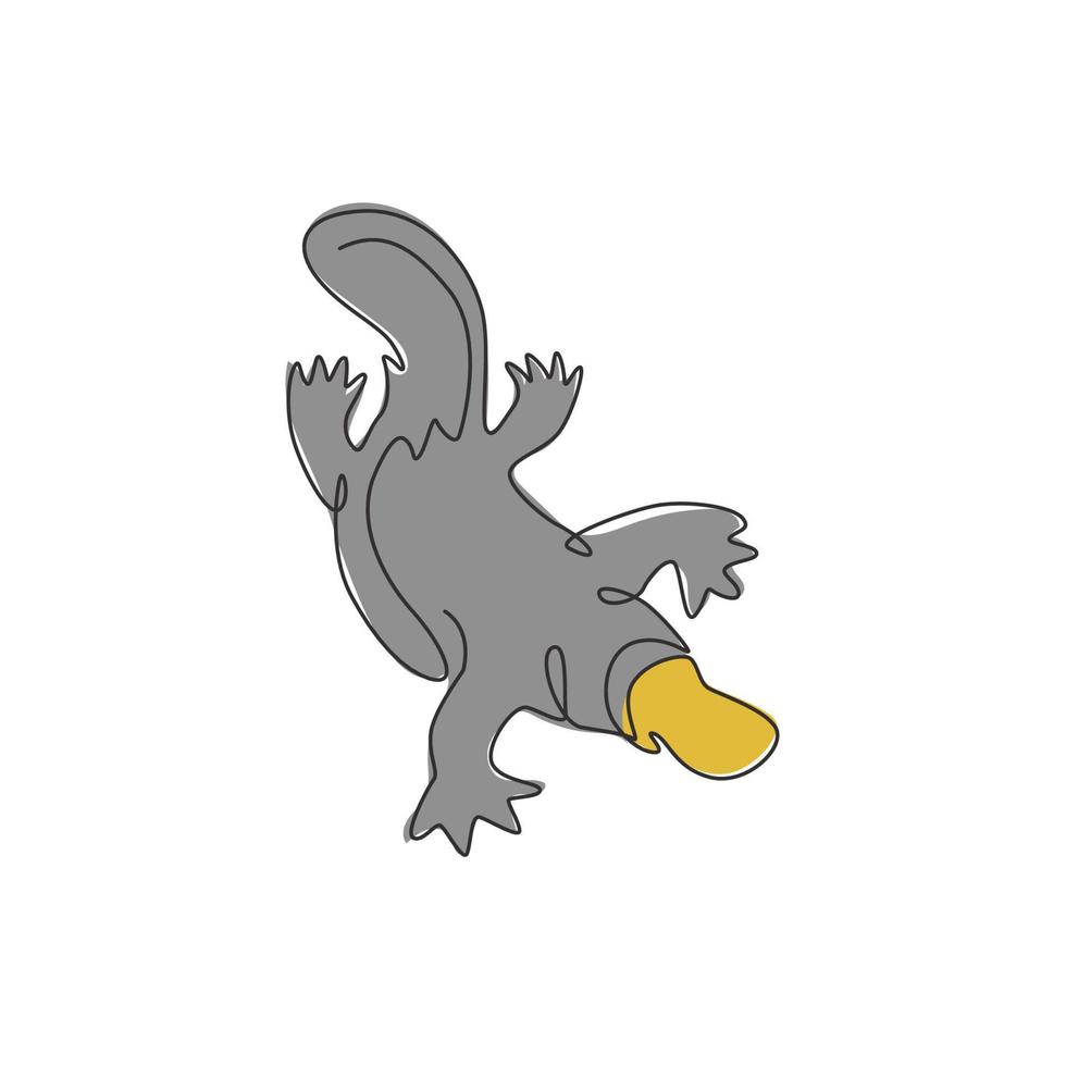 un disegno a tratteggio continuo di un simpatico ornitorinco per l'identità del logo. concetto di mascotte animale mammifero australiano per l'icona del parco nazionale di conservazione. illustrazione grafica vettoriale di design a linea singola alla moda