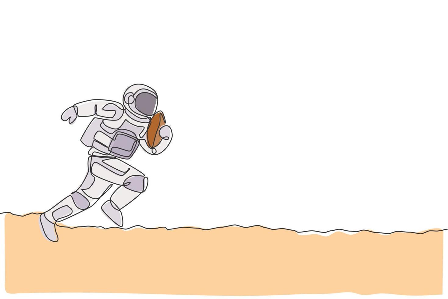 un disegno a tratteggio continuo dell'astronauta che pratica il football americano nella galassia dello spazio profondo. astronauta sano concetto di sport fitness. grafica dinamica dell'illustrazione di vettore di disegno di disegno di linea singola