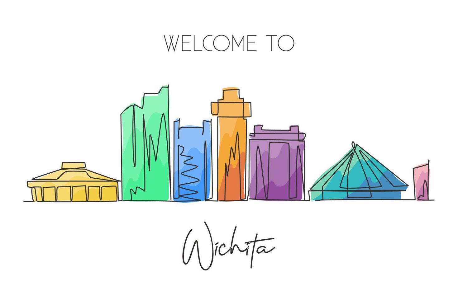 un disegno a linea singola dello skyline della città di wichita, kansas, stati uniti. paesaggio della città per il poster della decorazione della parete di casa. migliore destinazione per le vacanze. illustrazione vettoriale di design grafico a linea continua alla moda