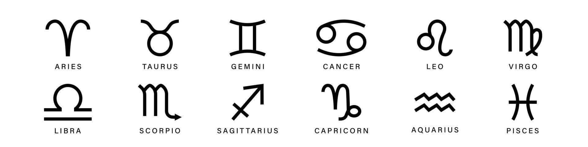 zodiaco segni impostare. Leo e Toro costellazioni nero simboli con esoterico scorpione e astrologico Acquario con Pesci vettore pittogramma