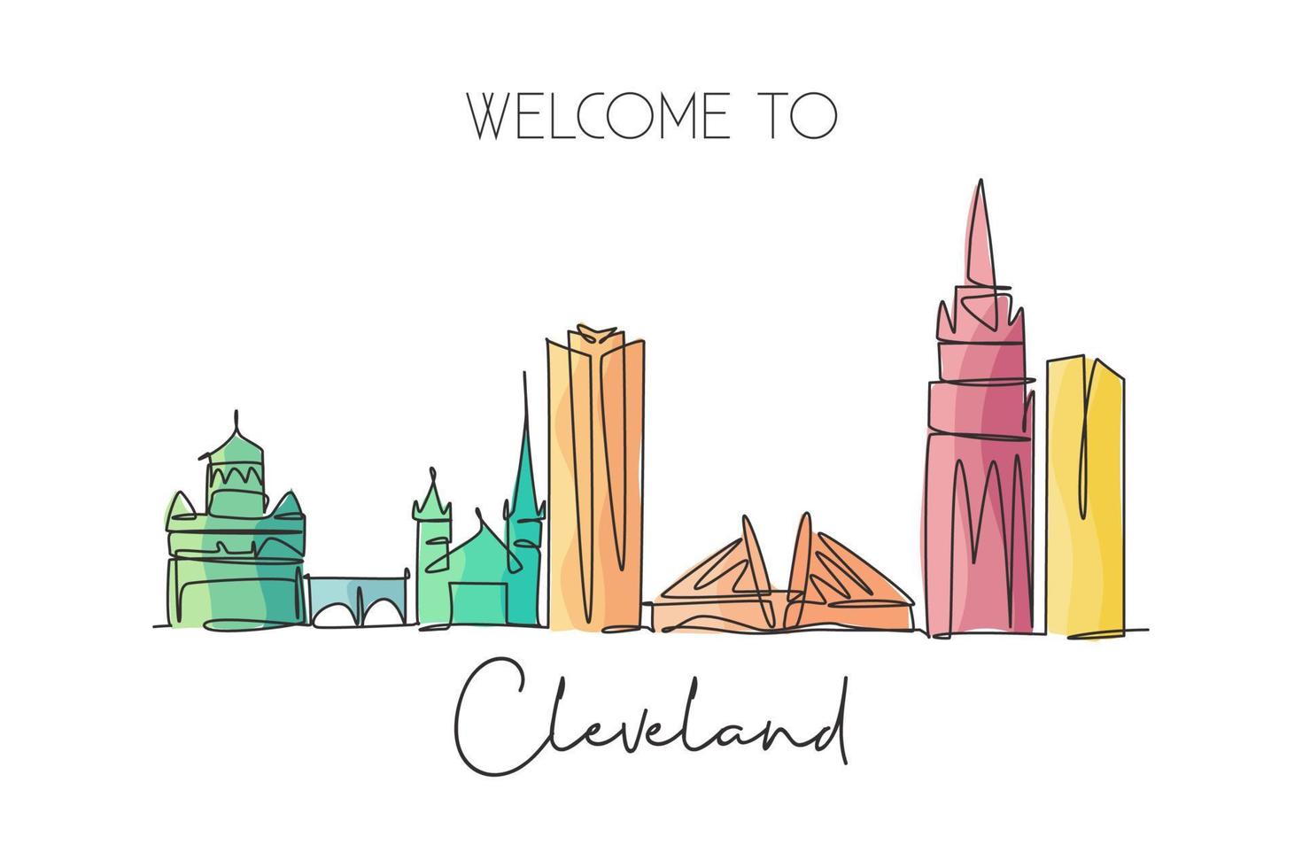 un disegno a linea singola dello skyline della città di Cleveland, Stati Uniti. paesaggio storico della città nel mondo. poster per la decorazione della parete della migliore destinazione per le vacanze art. illustrazione vettoriale di disegno di linea continua alla moda