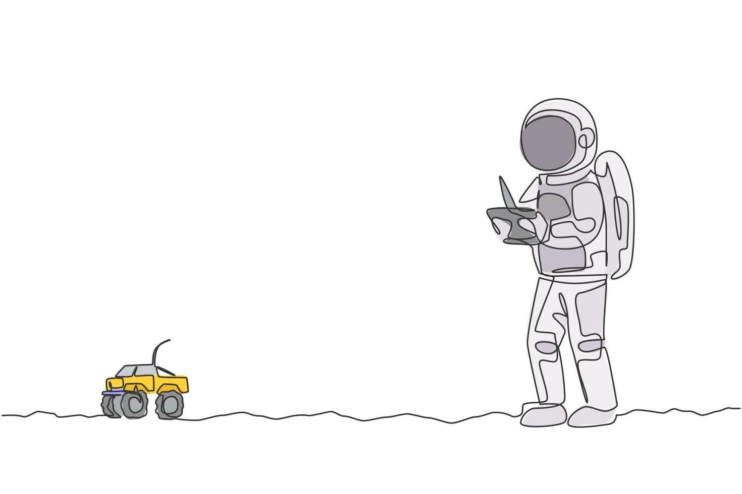 astronauta di disegno a linea continua singola che suona il controllo radio di monster truck sulla superficie lunare. divertirsi nel tempo libero sul concetto di spazio esterno. illustrazione vettoriale di design grafico di una linea alla moda di disegno