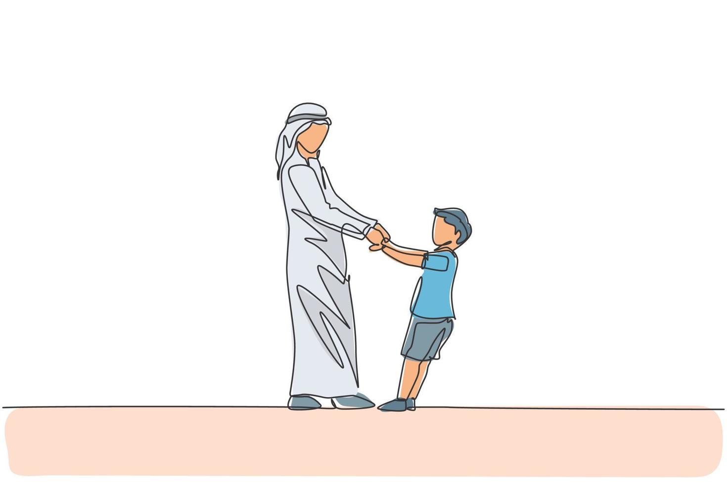 disegno continuo di un giovane papà e figlio arabi che si divertono a giocare insieme a casa. felice concetto di famiglia genitorialità musulmana islamica. illustrazione vettoriale di disegno grafico dinamico a linea singola