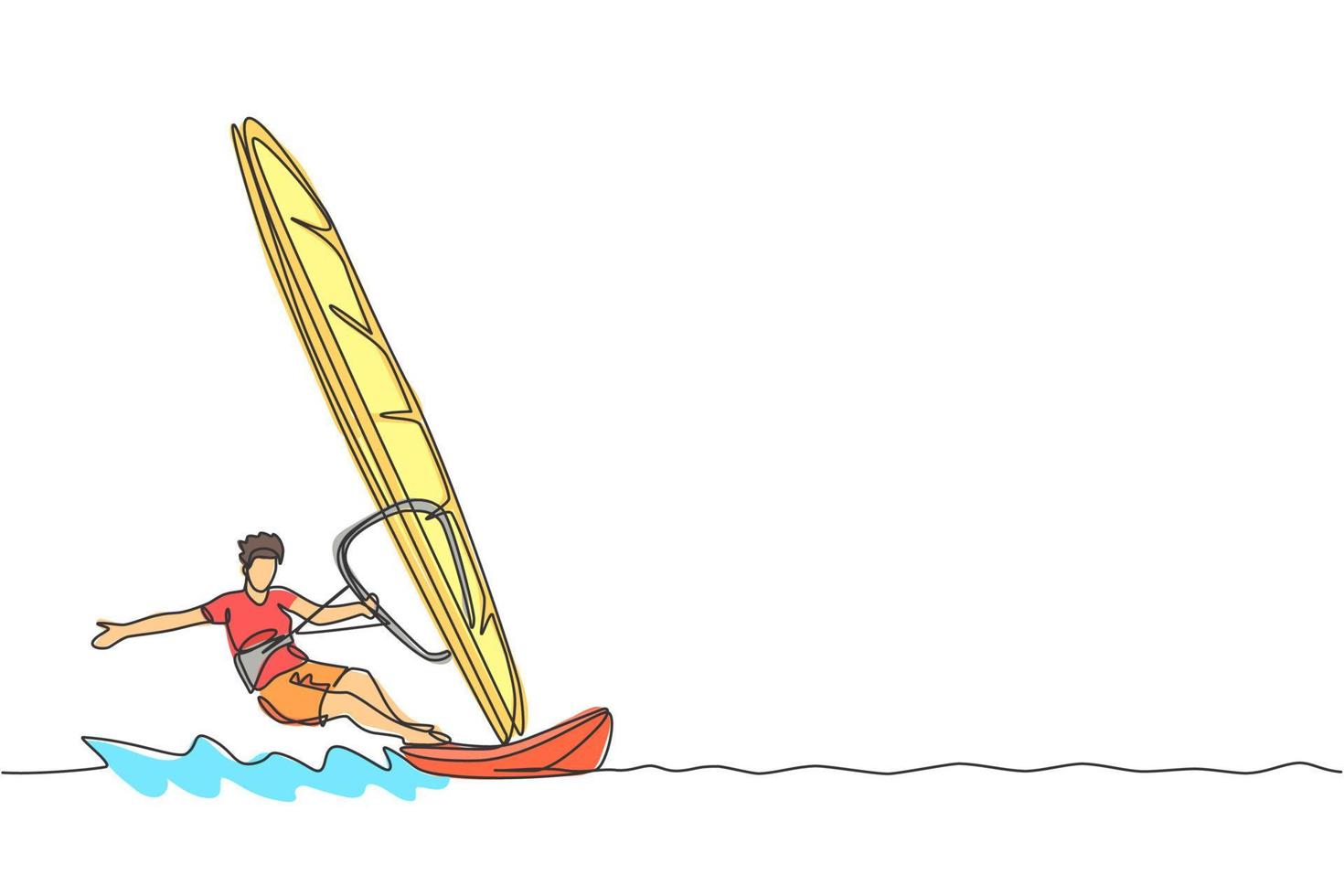 disegno a linea continua singola di un giovane surfista sportivo che gioca a windsurf nel mare. concetto di sport marino estremamente pericoloso. vacanze estive. illustrazione vettoriale di disegno di una linea alla moda