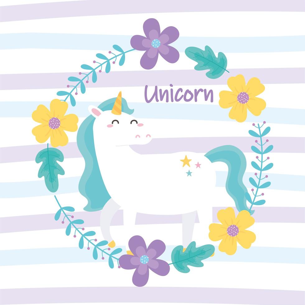 unicorno magico simpatico cartone animato con ghirlanda di fiori vettore