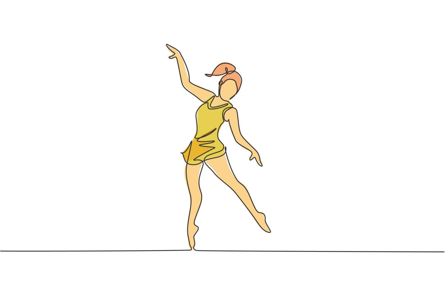 singolo continuo linea disegno di giovane bellezza professionale ginnasta ragazza eseguire pavimento esercizio. ritmico ginnastica formazione e allungamento concetto. di moda uno linea disegnare design vettore illustrazione
