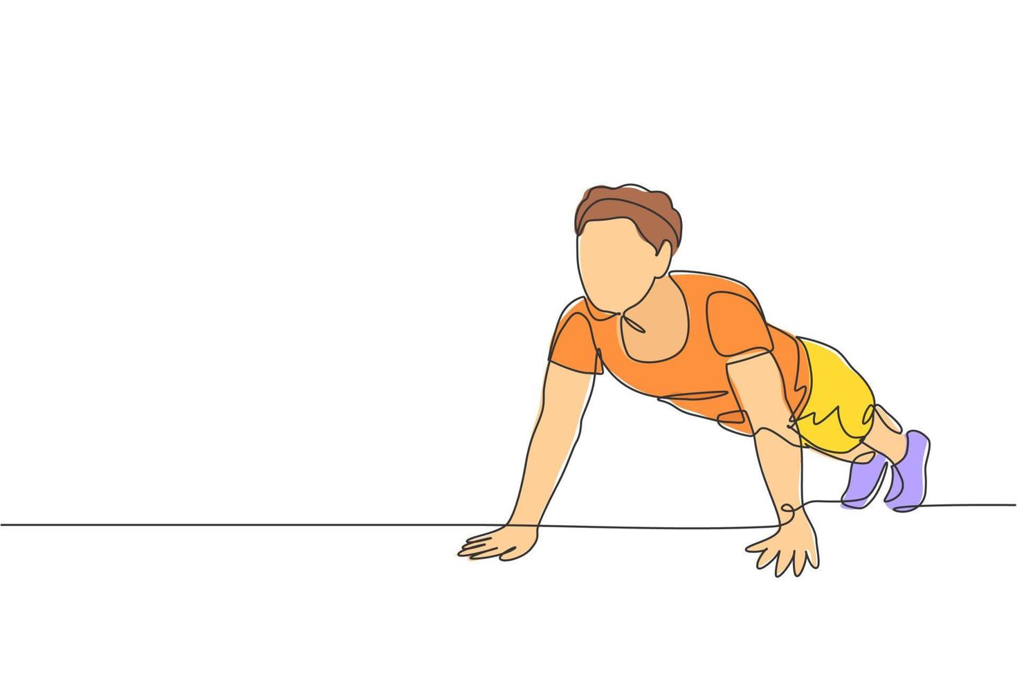 un disegno a linea continua di un giovane sportivo che si allena push up nel centro del club di palestra fitness. sano concetto di sport fitness. illustrazione grafica vettoriale di disegno dinamico a linea singola