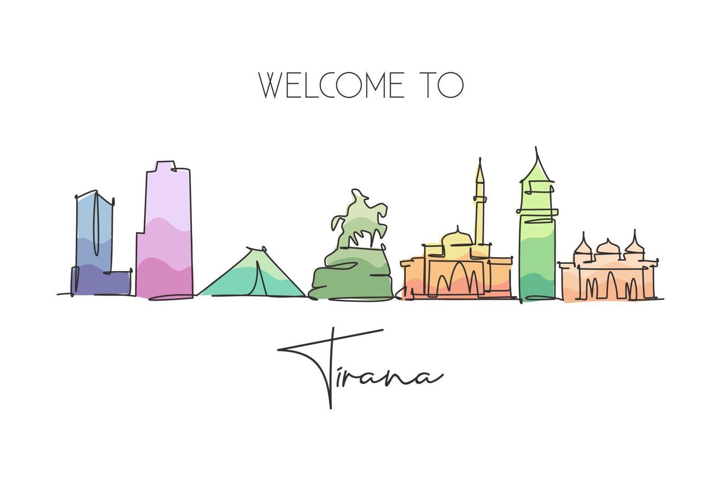 disegno a linea continua singola dello skyline della città di tirana, albania. famoso paesaggio di raschietto della città. stampa di poster per la casa di arte della decorazione della parete di concetto di viaggio nel mondo. illustrazione vettoriale moderna di disegno di una linea