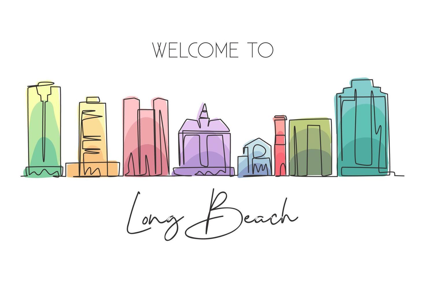 un disegno a linea singola dello skyline della città di Long Beach, in California. paesaggio della città per il poster della decorazione della parete di casa. migliore destinazione per le vacanze. illustrazione vettoriale di design grafico a linea continua alla moda