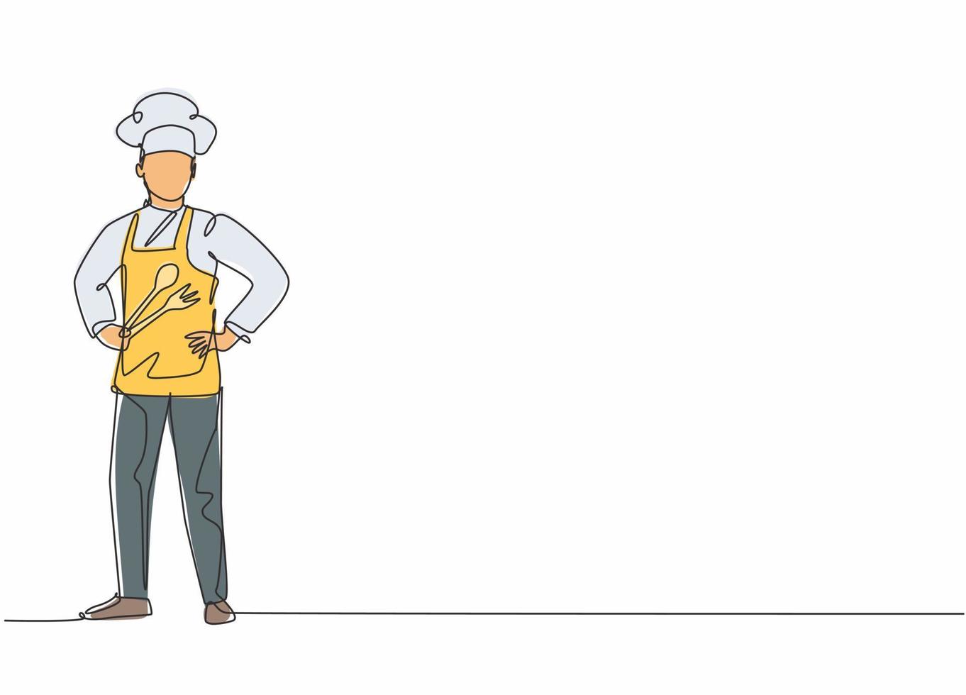 disegno a linea continua di un giovane chef maschio che indossa una posa uniforme in piedi in cucina. occupazione lavoro professionale. concetto di minimalismo una linea disegnare grafica vettoriale illustrazione