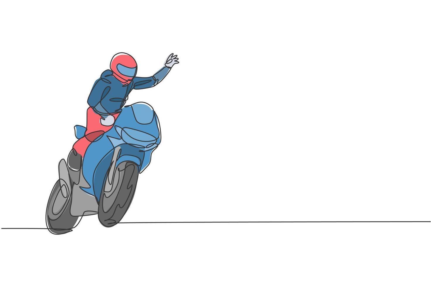 un disegno a linea continua di un giovane motociclista saluta gli spettatori con la mano. illustrazione grafica di vettore di concetto di corsa della bici eccellente. design dinamico a linea singola per poster di promozione di gare motociclistiche