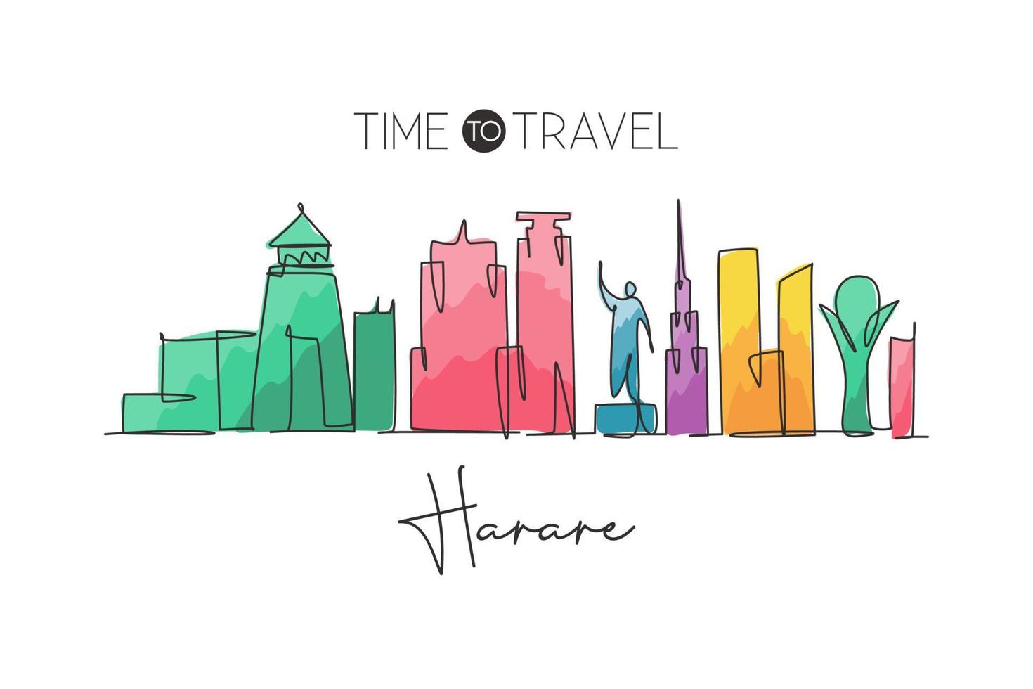 un disegno a linea singola dello skyline della città di Harare, Zimbabwe. paesaggio di luoghi storici nella cartolina del mondo. migliore destinazione per le vacanze. tratto modificabile illustrazione vettoriale di disegno a linea continua alla moda