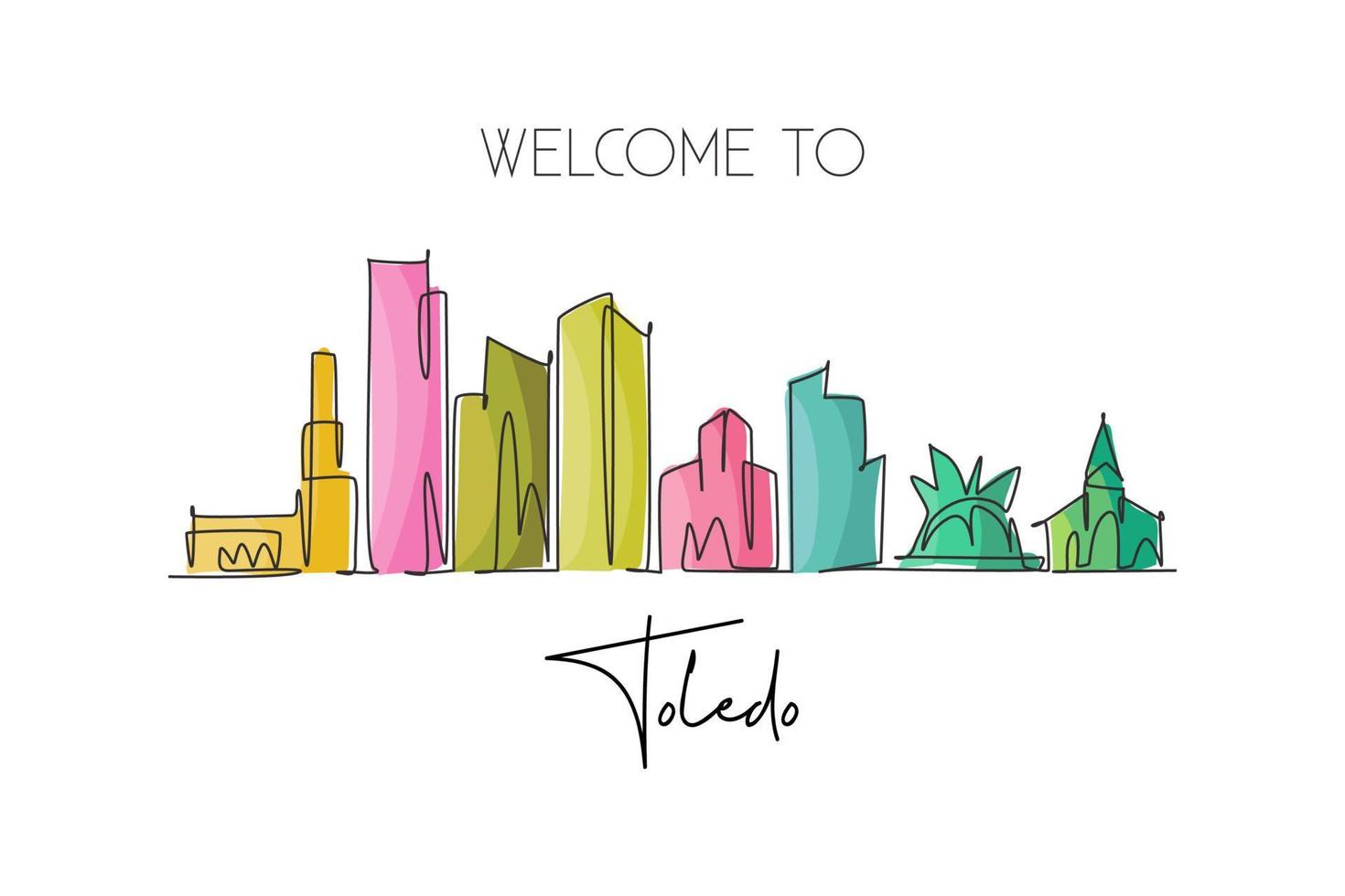 disegno a linea continua singola dello skyline della città di toledo, ohio. famoso paesaggio di raschietto della città. concetto di stampa di poster di arte della decorazione della parete di casa di viaggio del mondo. illustrazione vettoriale moderna di disegno di una linea