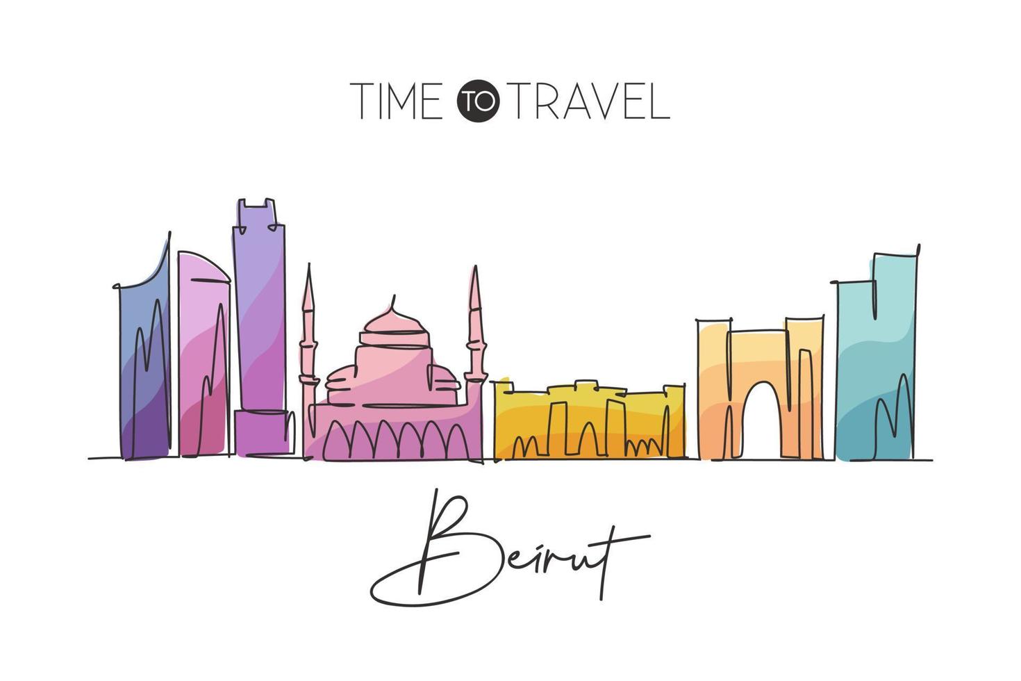 un disegno a linea continua dello skyline della città di beirut, in libano. bellissimo punto di riferimento della città. turismo paesaggistico mondiale e vacanze di viaggio. illustrazione vettoriale di disegno a linea singola con tratto elegante modificabile