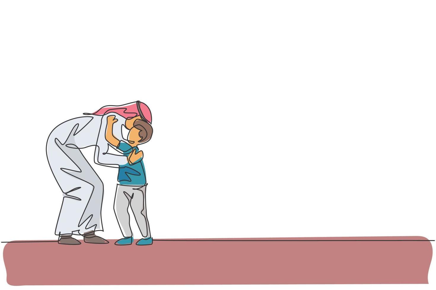 singolo disegno a linea continua del giovane padre arabo abbraccia suo figlio prima di andare a scuola, genitori felici. cura della famiglia musulmana islamica, concetto di cappa. illustrazione vettoriale di design alla moda con una linea di disegno
