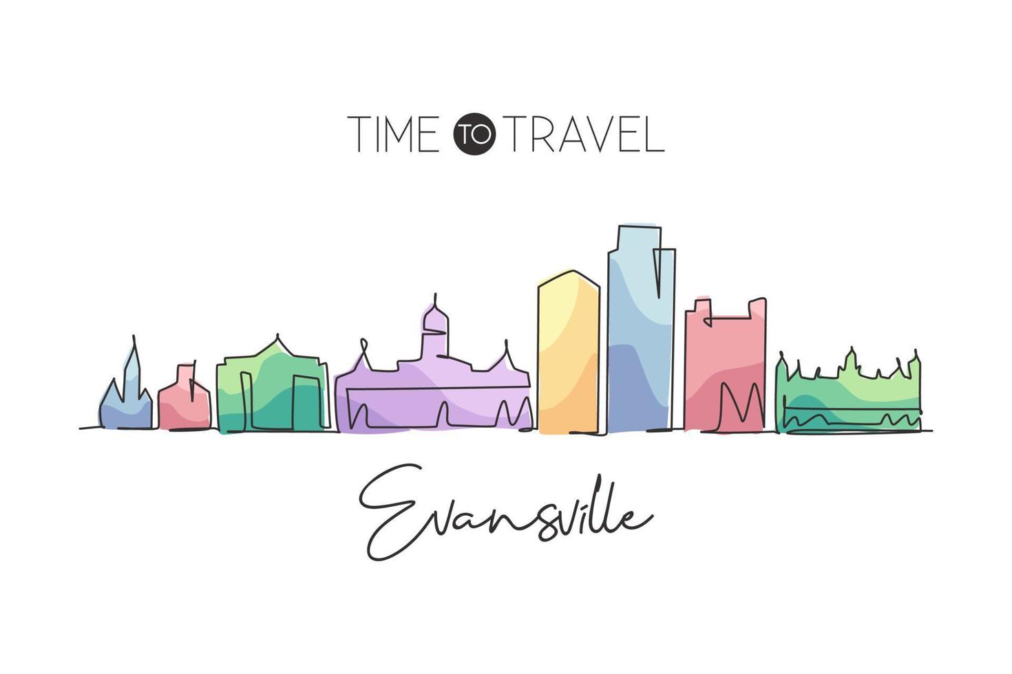 un disegno a tratteggio continuo dello skyline della città di evansville, in indiana. bellissimo punto di riferimento. stampa del manifesto della decorazione della parete della casa di viaggio del turismo del paesaggio del mondo. illustrazione vettoriale di design a linea singola elegante