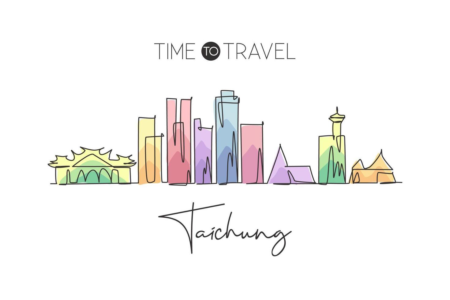 un disegno a linea continua dello skyline della città di taichung, taiwan. bellissimo punto di riferimento. turismo paesaggistico mondiale e vacanze di viaggio. illustrazione vettoriale di disegno a linea singola con tratto elegante modificabile