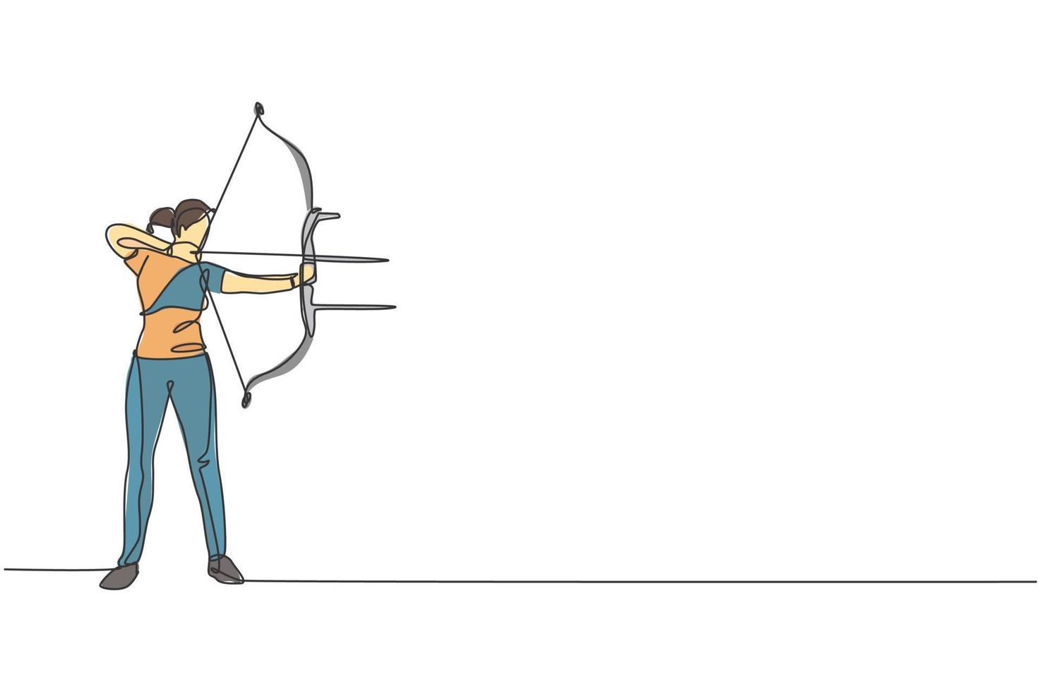 un disegno a linea singola di una giovane donna arciere che esercita il tiro con l'arco per colpire il grafico dell'illustrazione vettoriale del bersaglio. ripresa sana di aggiornamento con il concetto di sport con l'arco. moderno disegno a linea continua