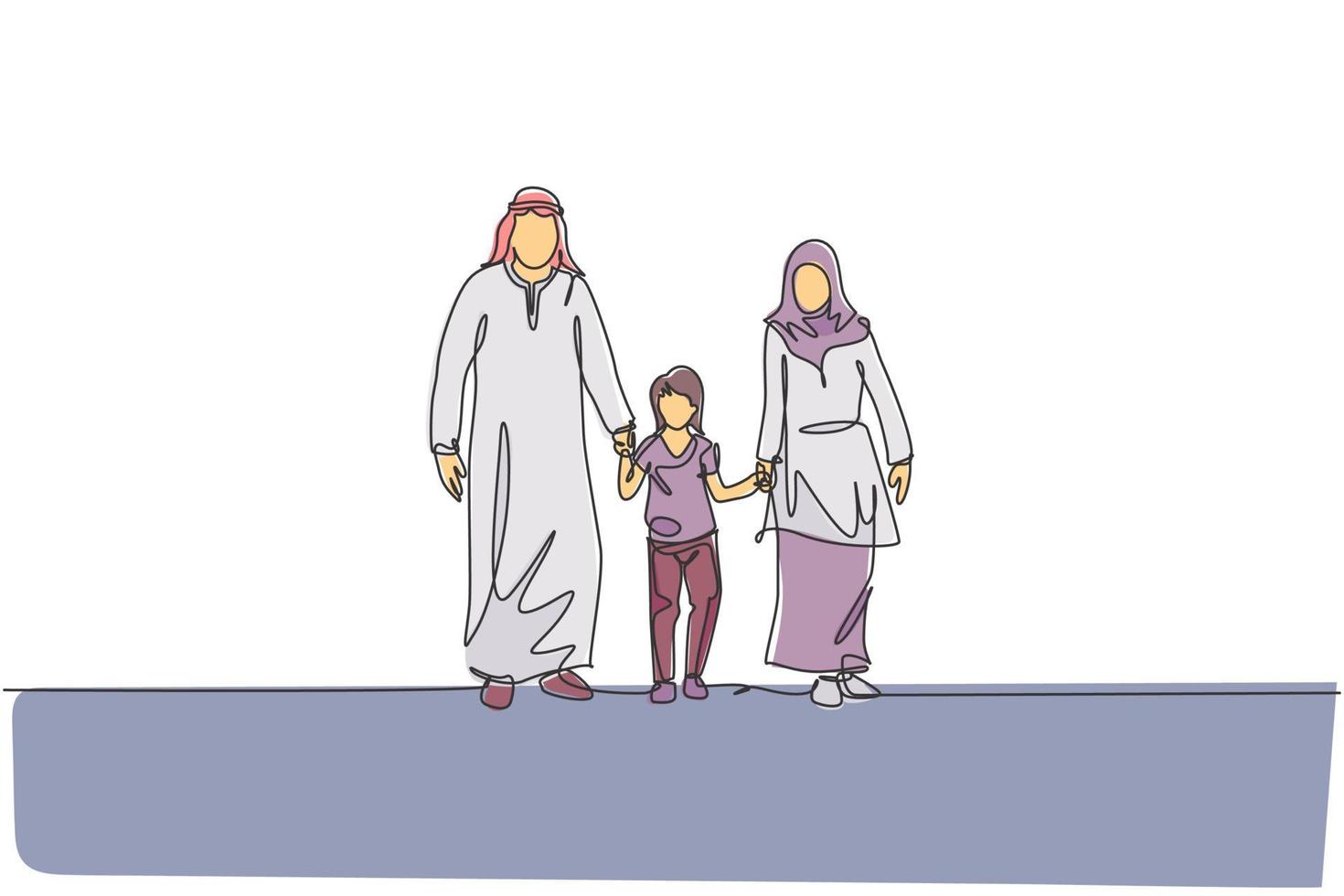 disegno a linea continua di giovani mamma e papà arabi che camminano e tengono insieme la mano della figlia. concetto di genitorialità famiglia felice musulmana islamica. illustrazione vettoriale di disegno di una linea di disegno