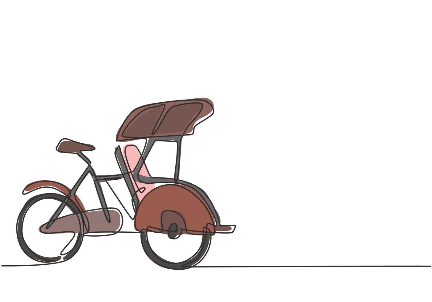 il pedicab a disegno continuo a una linea è visto dal lato con tre ruote e il sedile del passeggero anteriore e i comandi del conducente nella parte posteriore. illustrazione grafica vettoriale di disegno a linea singola.