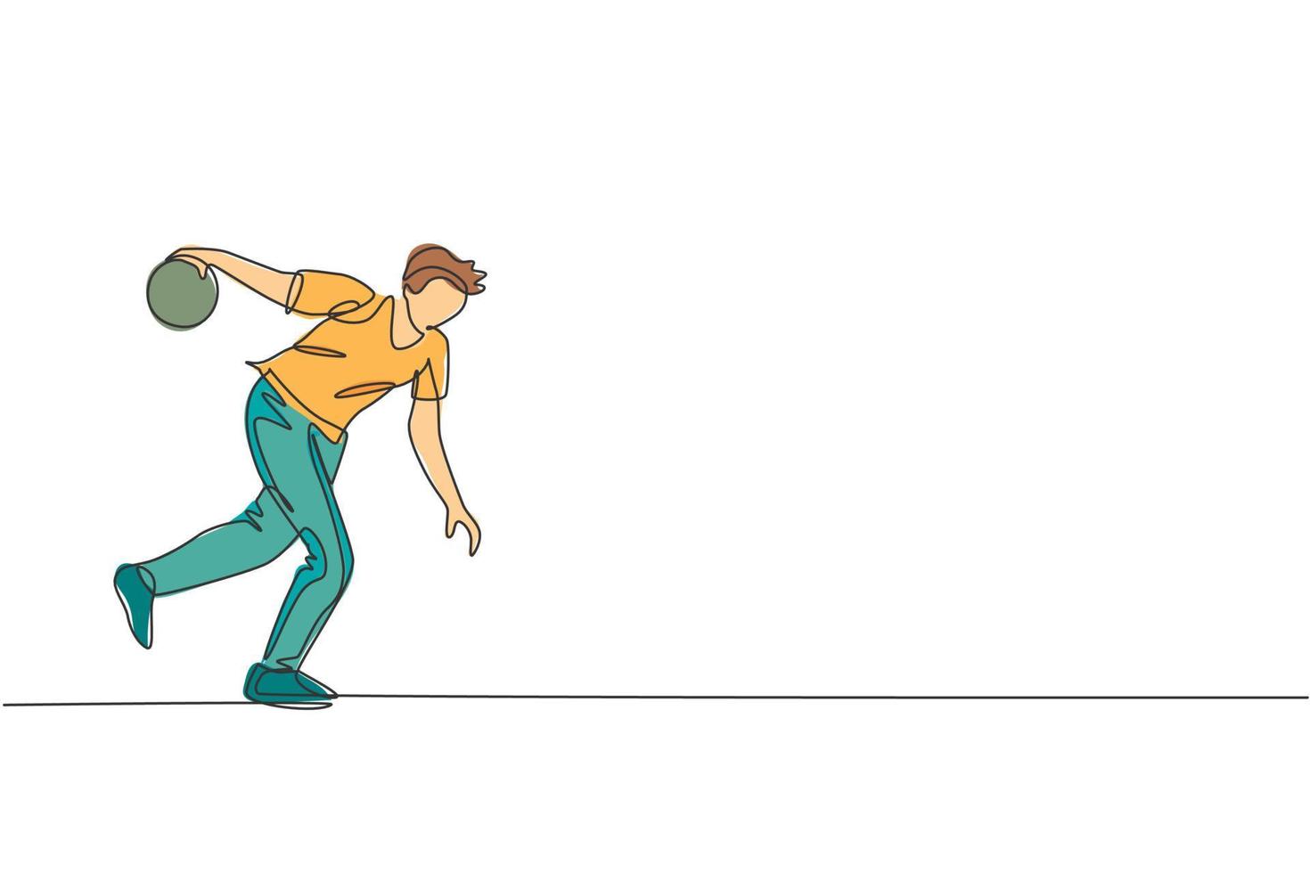 un disegno a linea singola di un giovane talentuoso giocatore di bowling che lancia la palla per colpire l'illustrazione grafica di vettore dei birilli. stile di vita delle persone sane e concetto di sport. moderno disegno a linea continua