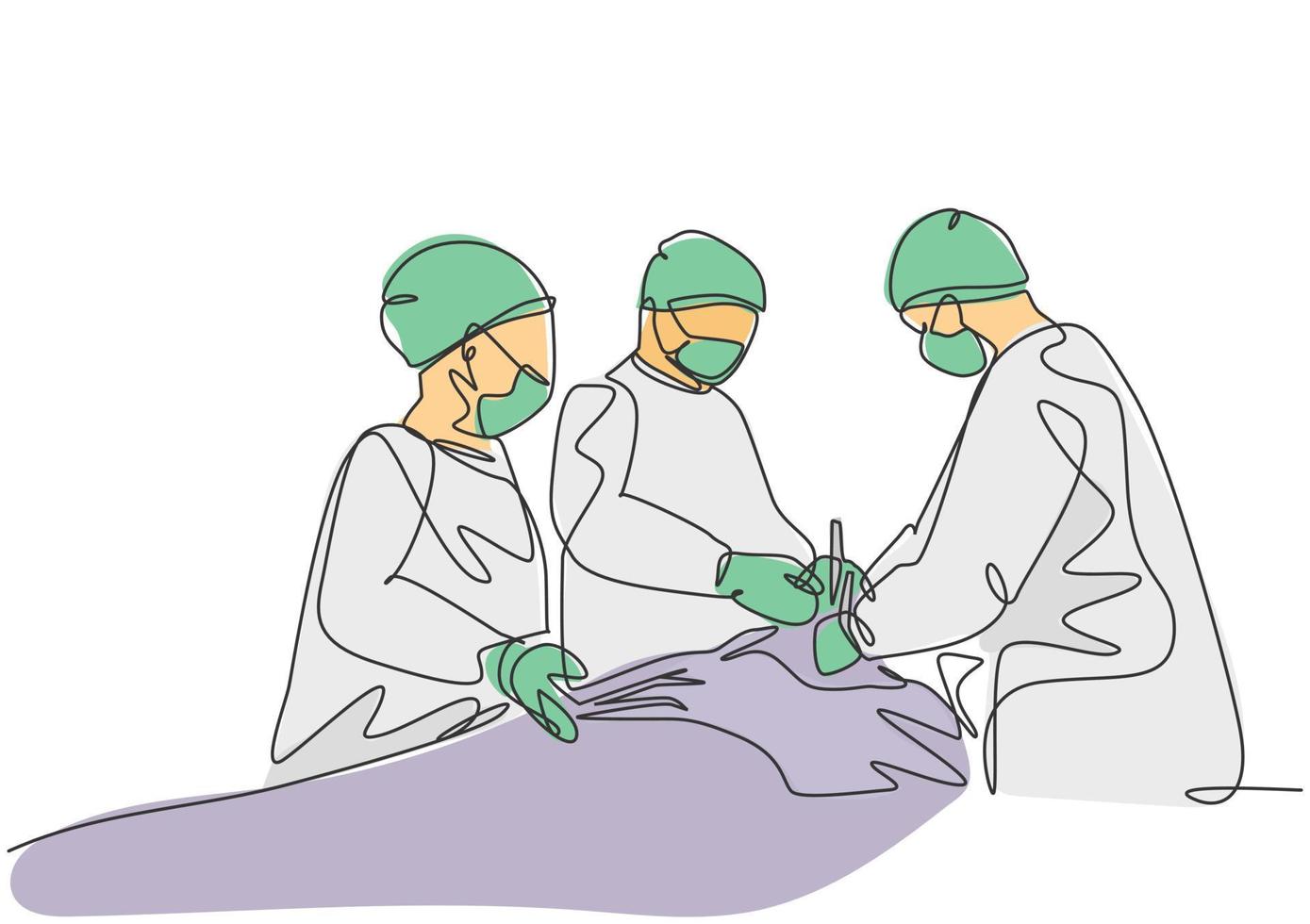 singolo gruppo di disegno a linea singola continuo di team medico chirurgo che esegue un intervento chirurgico al paziente critico nella sala operatoria chirurgica. concetto di chirurgia medica illustrazione vettoriale di disegno di una linea di disegno