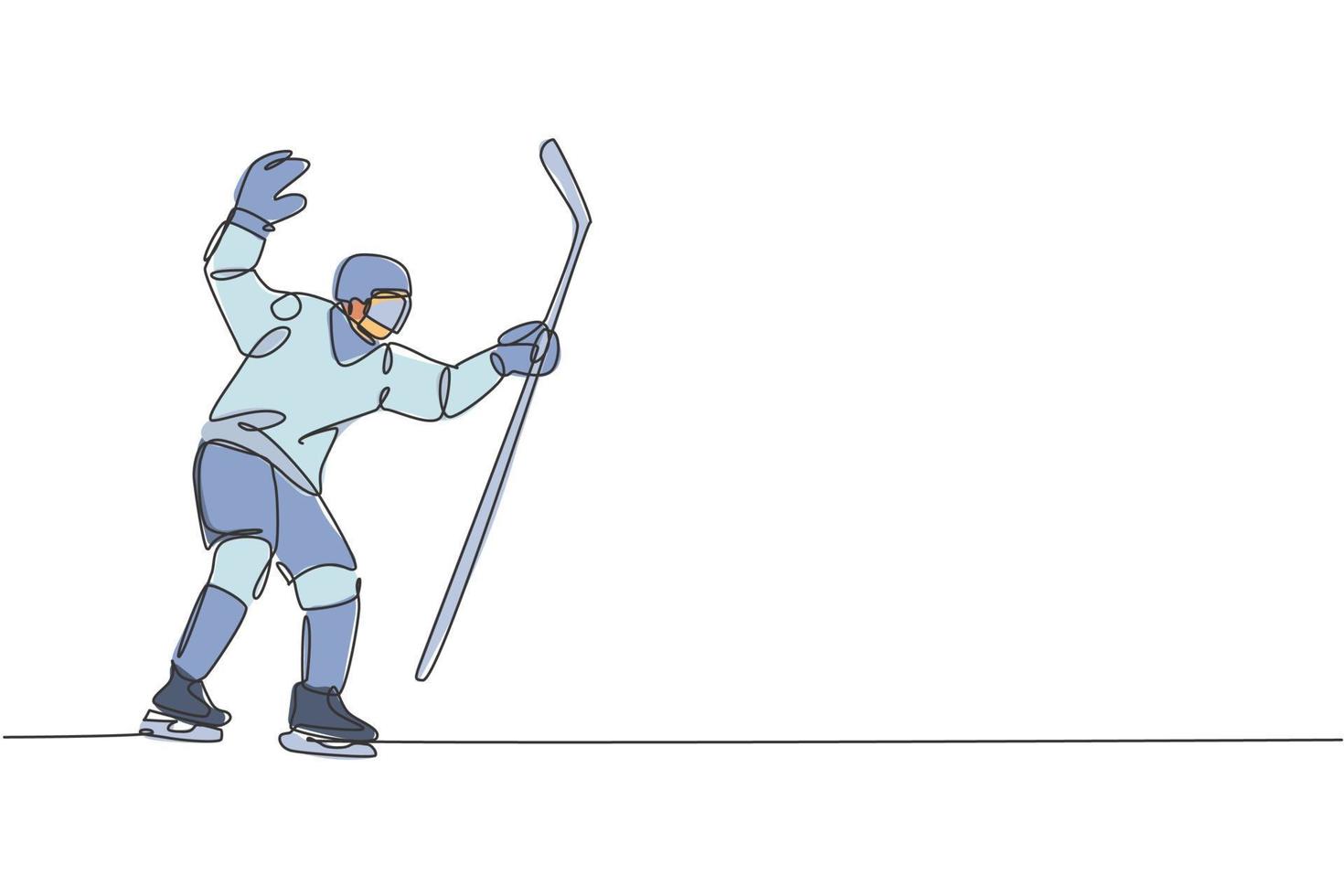 un disegno a linea continua di un giovane portiere professionista di hockey su ghiaccio che si esercita per bloccare il tiro del disco sullo stadio della pista di pattinaggio. concetto di sport estremo di salute. illustrazione vettoriale dinamica del disegno a linea singola