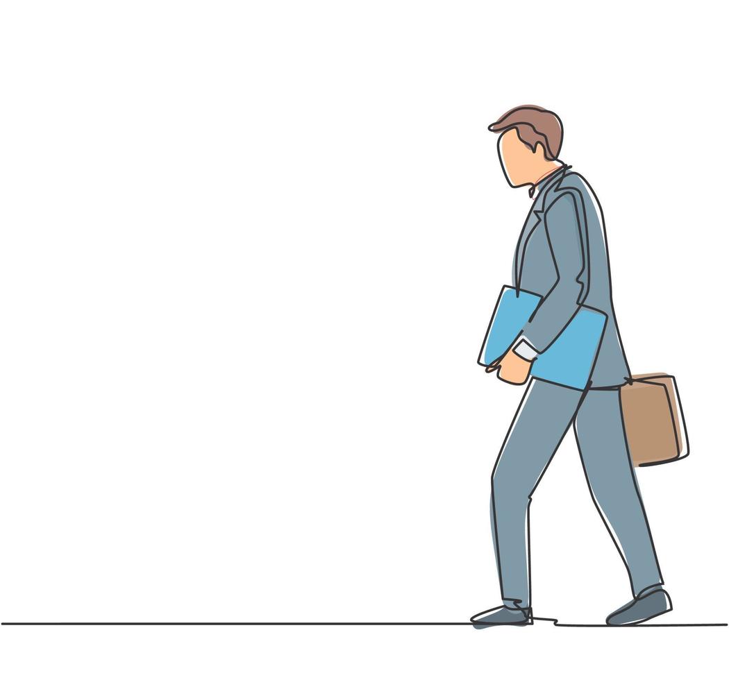 un disegno a tratteggio di un giovane lavoratore di sesso maschile che cammina in fretta per la strada della città per andare in ufficio mentre tiene un documento. concetto di lavoratore pendolare urbano linea continua disegnare disegno vettoriale illustrazione