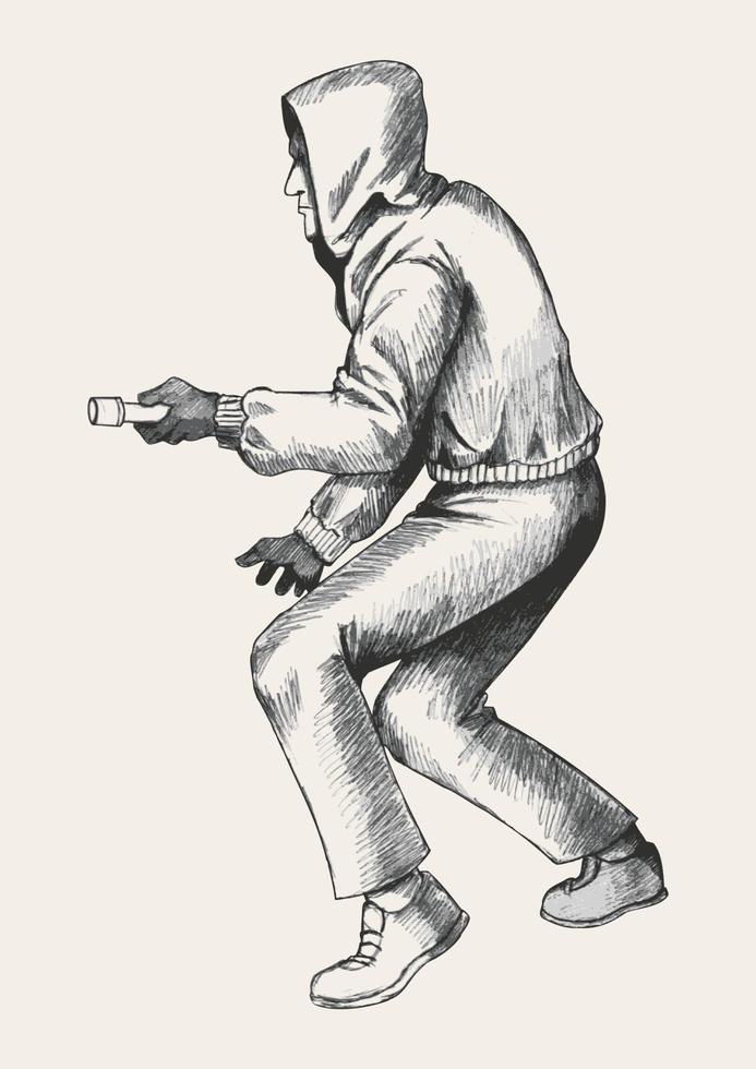illustrazione schizzo di un ladro che indossa il cappuccio vettore