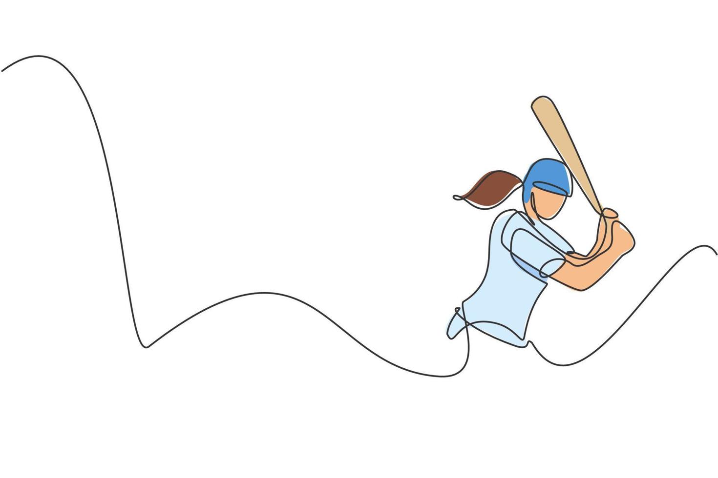 un disegno a linea continua del treno del giocatore di baseball della giovane donna sportiva per colpire la palla. concetto di sport competitivo. grafico dinamico dell'illustrazione di vettore del disegno di linea singola per il manifesto di promozione