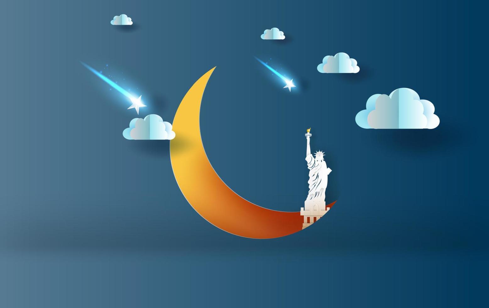 3d carta arte e mestiere stile di metà Luna con statua di libertà nuovo York Stati Uniti d'America concetto.nuvola e tiro stella su cielo notte dolce sognare il tuo testo spazio blu buio sfondo illustrazione.vettoriale. vettore