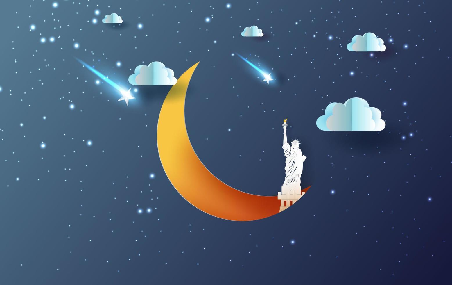 3d carta arte e mestiere stile di metà Luna con statua di libertà nuovo York Stati Uniti d'America concetto.nuvola e tiro stella su cielo notte dolce sognare il tuo testo spazio blu buio sfondo illustrazione.vettoriale. vettore