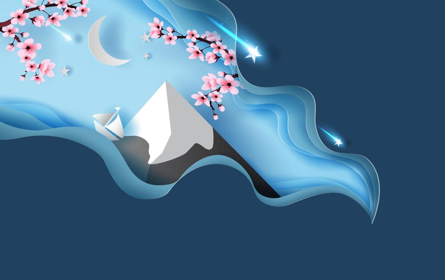 3d carta arte di primavera astratto curva paesaggio di montagna fuji.cherry fiorire primavera stagione notte.metà Luna e stella autunno leggero bello.blu colore pastello, creativo design primavera concetto.vettore vettore