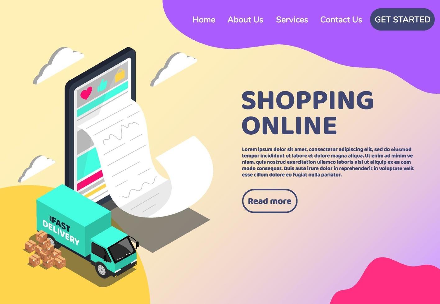 shopping online concetto web isometrico. grande marketing digitale per smartphone ed e-commerce con bollette enormi. supermercato nel negozio online del dispositivo. illustrazione vettoriale