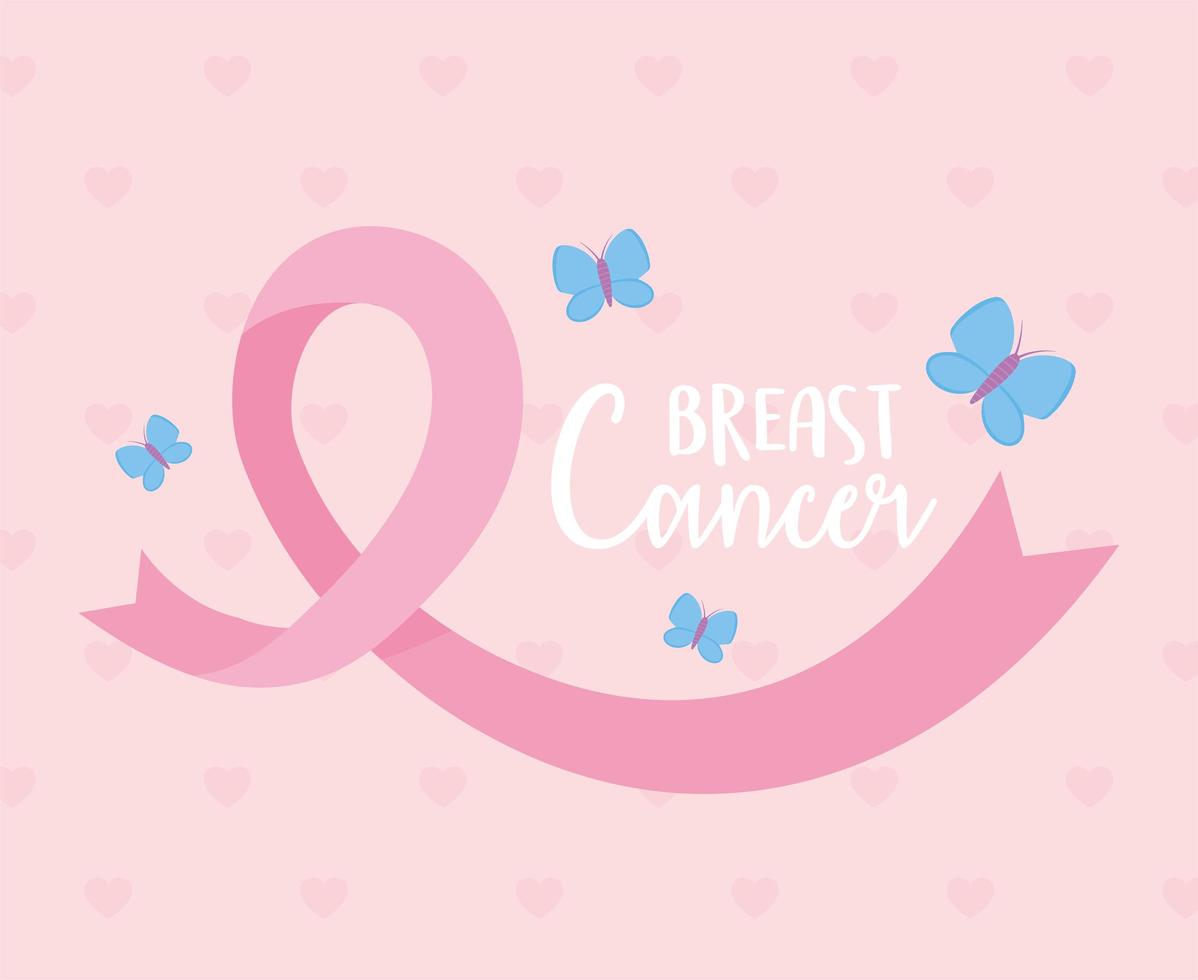 banner di consapevolezza del cancro al seno con nastro rosa e farfalle vettore