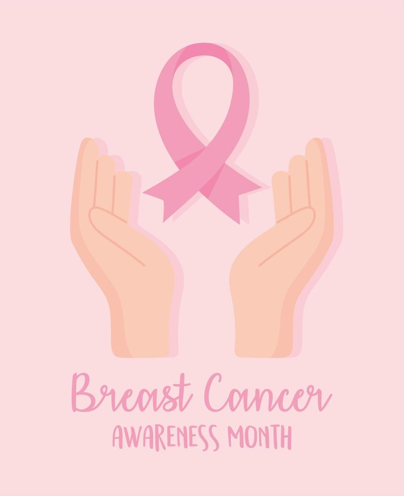 banner mese di consapevolezza del cancro al seno con le mani e nastro rosa vettore