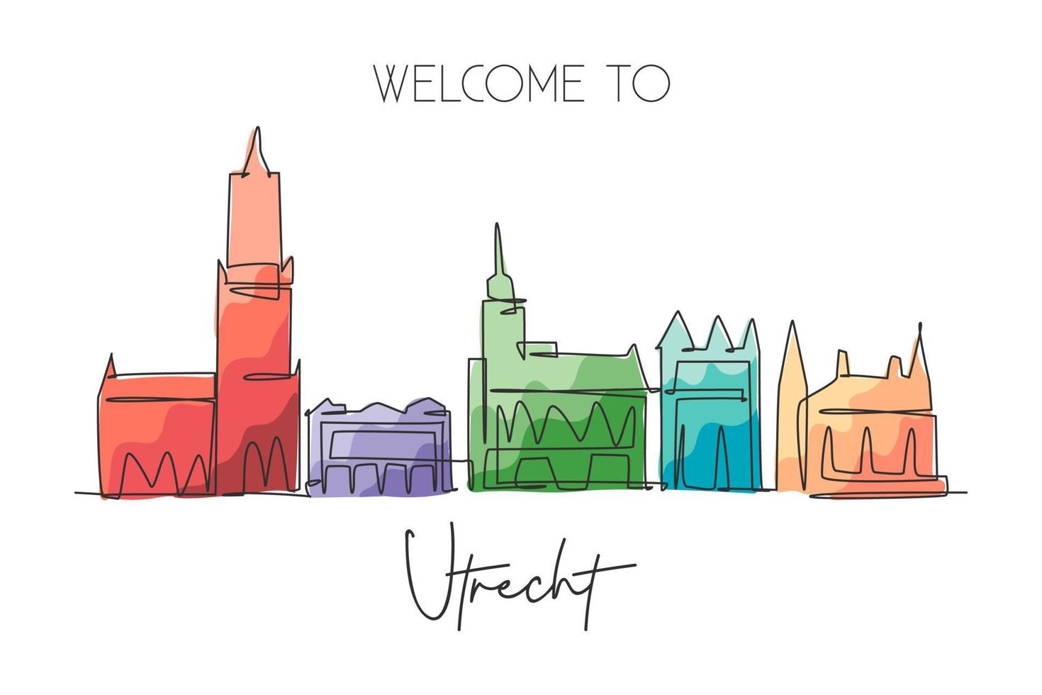 un disegno a linea singola dello skyline della città di utrecht, nei Paesi Bassi. paesaggio storico nella cartolina del mondo. poster per la decorazione della parete della migliore destinazione per le vacanze. illustrazione vettoriale di disegno di linea continua alla moda