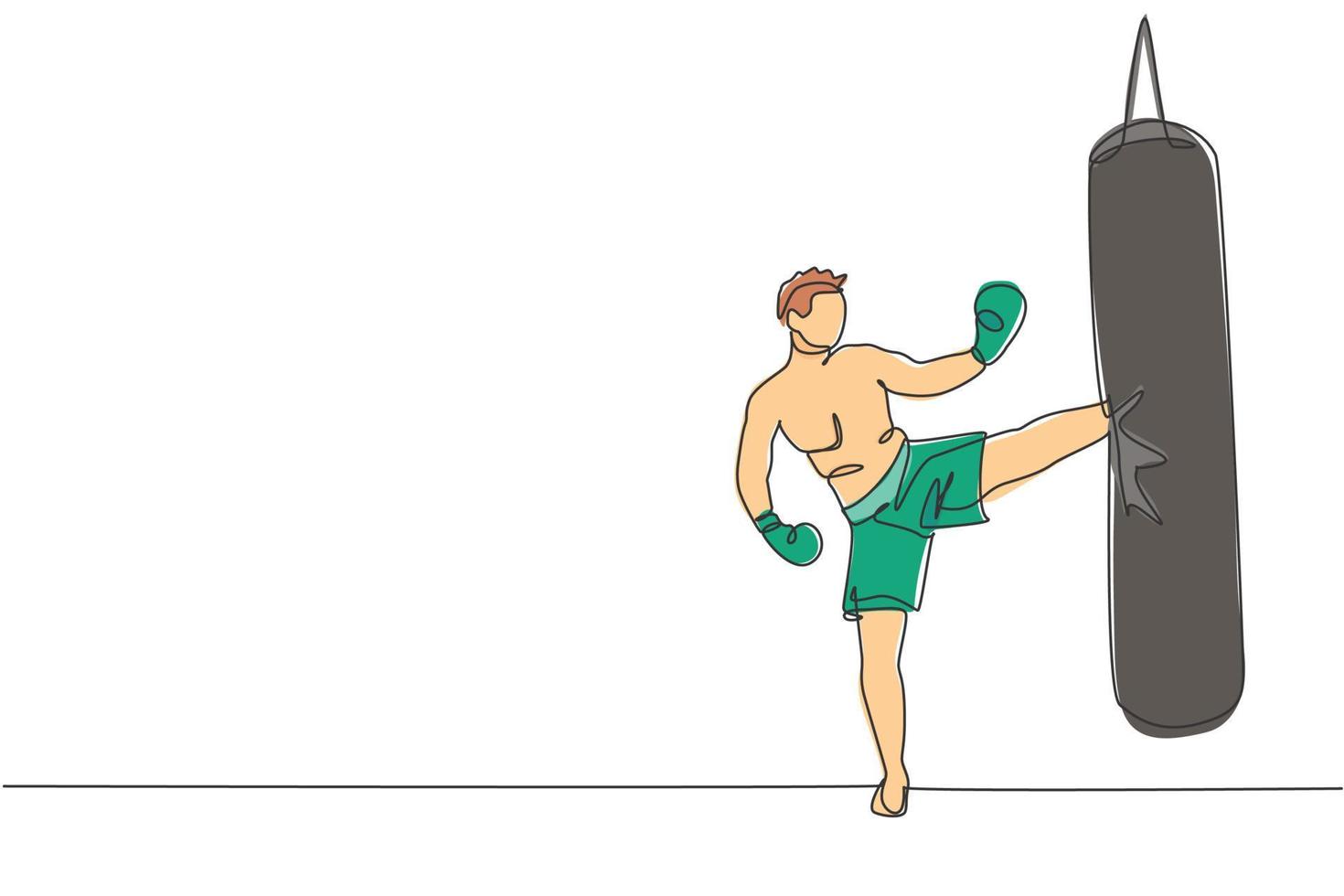 singolo disegno a linea continua di un giovane sportivo kickboxer esercizio laterale calci con sacco da boxe nella palestra. combattere il concetto di sport di kickboxing da competizione. illustrazione vettoriale di un disegno di linea
